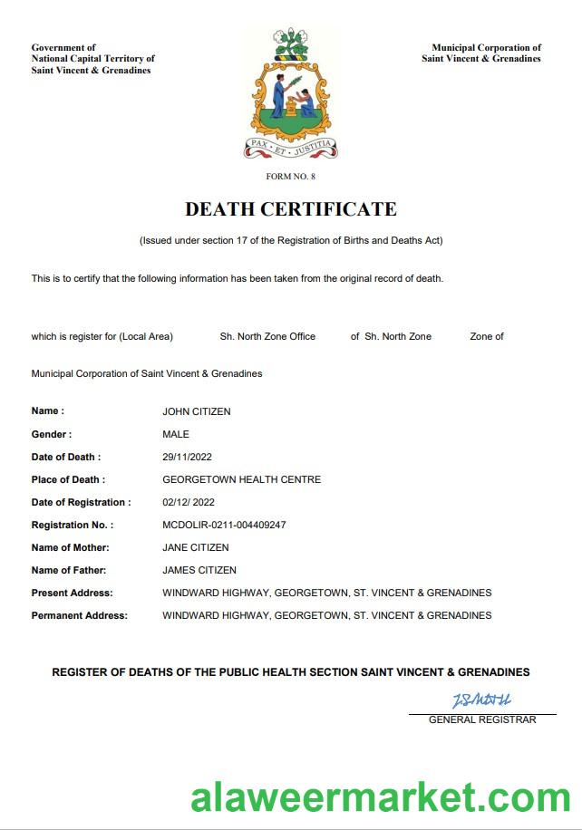 Saint Vincent and the Grenadines vital record death certificate Word and PDF template